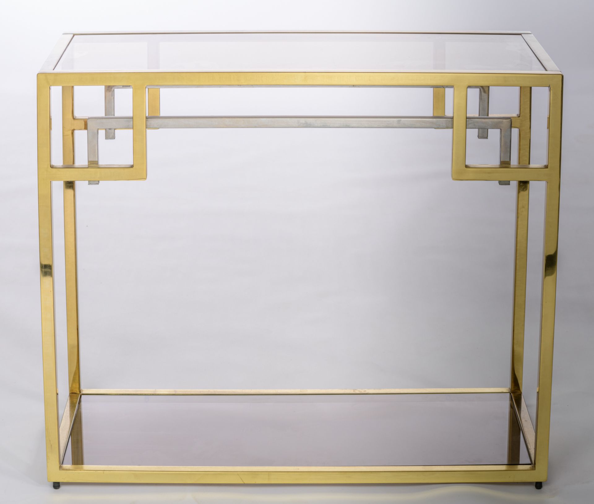 A vintage polished brass and glass console table, in the manner of Belgo Chrom, H 82 - W 96 - D 40 c - Bild 3 aus 14