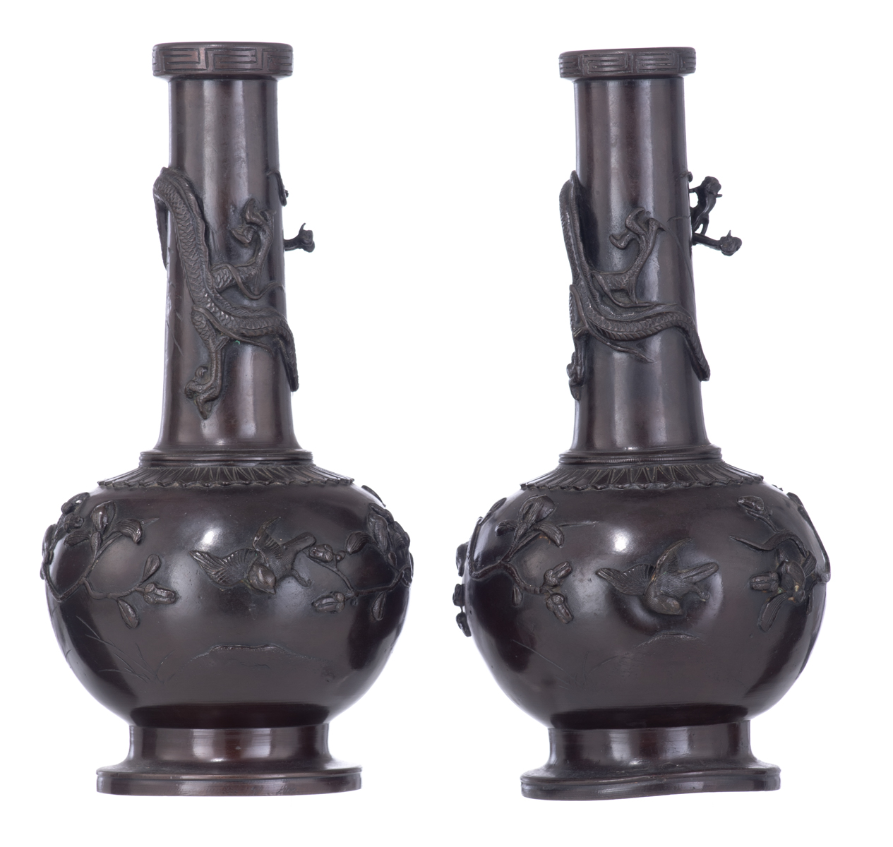 A pair of East Asian patinated bronze vases, relief decorated with a dragon and birds sitting on bra - Image 3 of 5