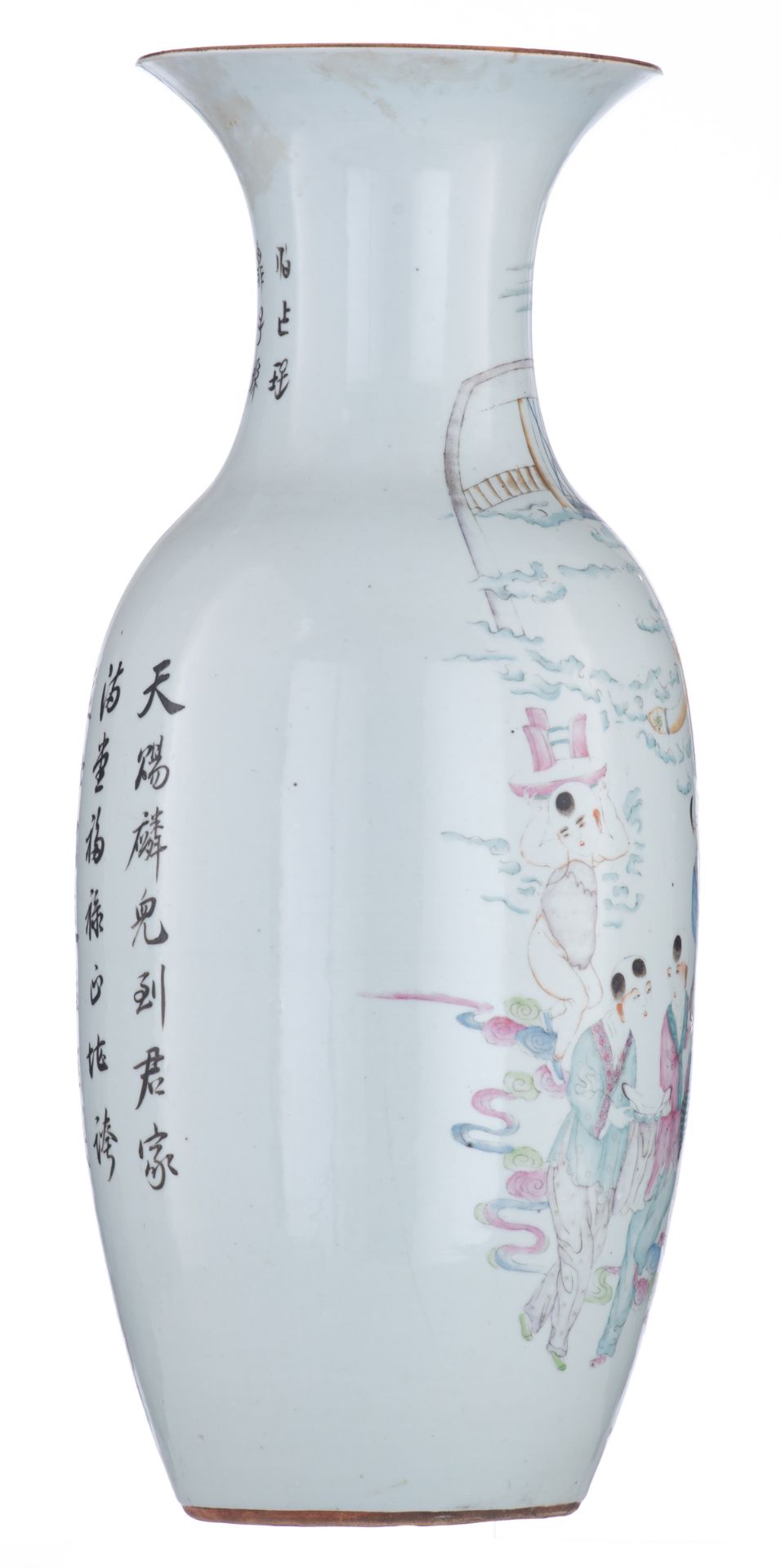 A Chinese famille rose vase, decorated with Guanyin and the qilins bringing the children, the back w - Image 4 of 6