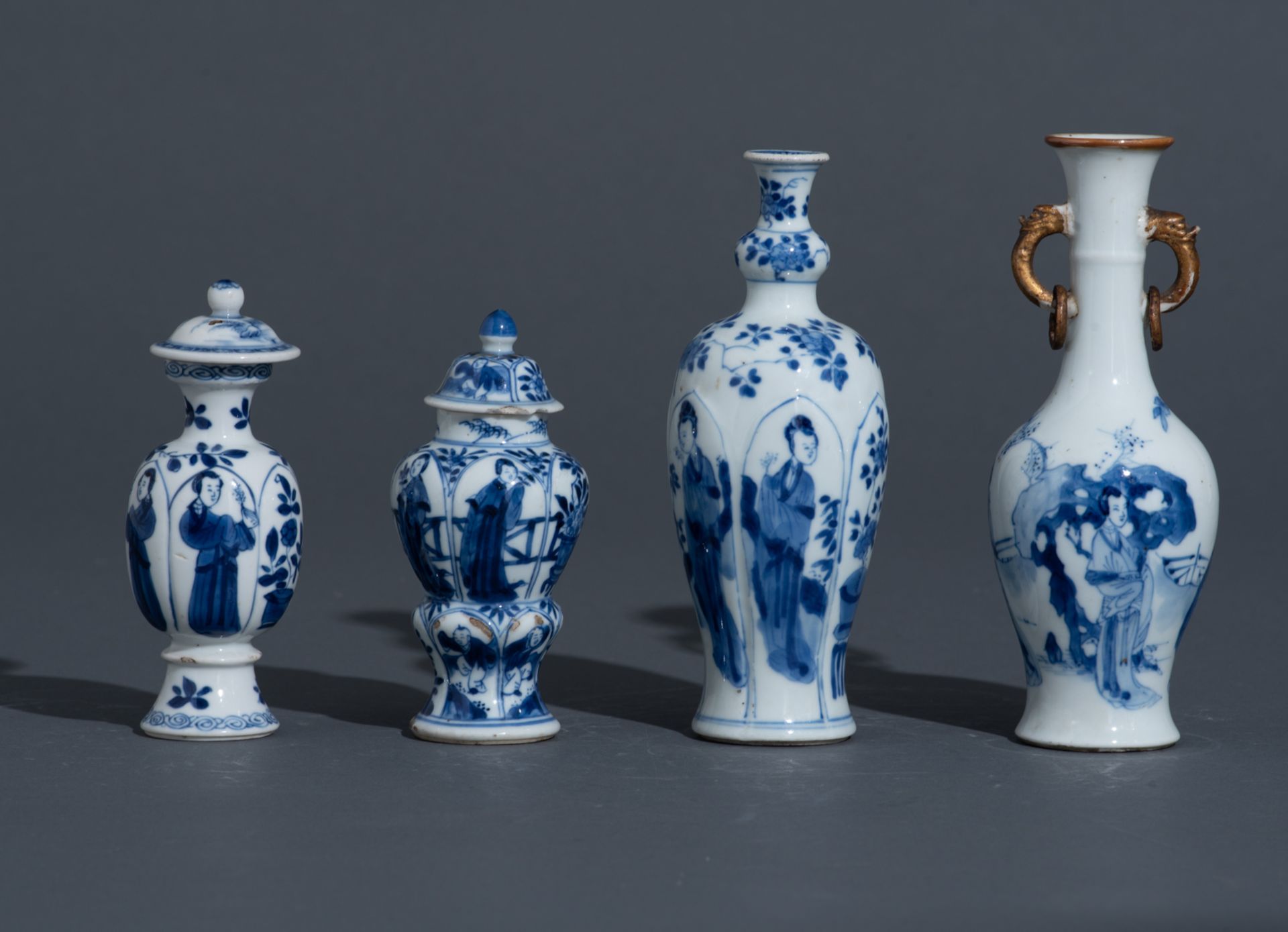 Four Chinese blue and white Kangxi period 'Long Elisa' miniature vases and three ditto floral decora - Image 4 of 17