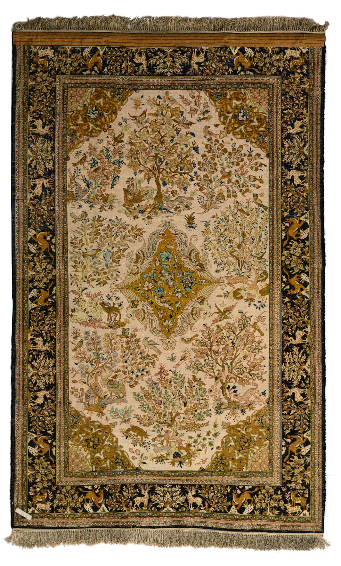 An Oriental silk rug depicting animals scenes in paradise, 145 x 227 cm - Image 2 of 6