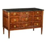 A walnut and mahogany Louis XVI veneered commode, decorated with gilt bronze mounts, and on top a Be