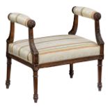 A fine walnut Louis XVI style tabouret stool, the satin upholstery decorated with laurel wreaths, H