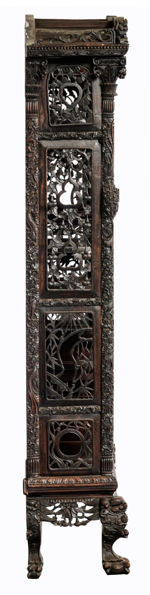 A Chinese exotic hardwood display cabinet, finely sculpted with floral decorations, dragons and Fu l - Bild 3 aus 5