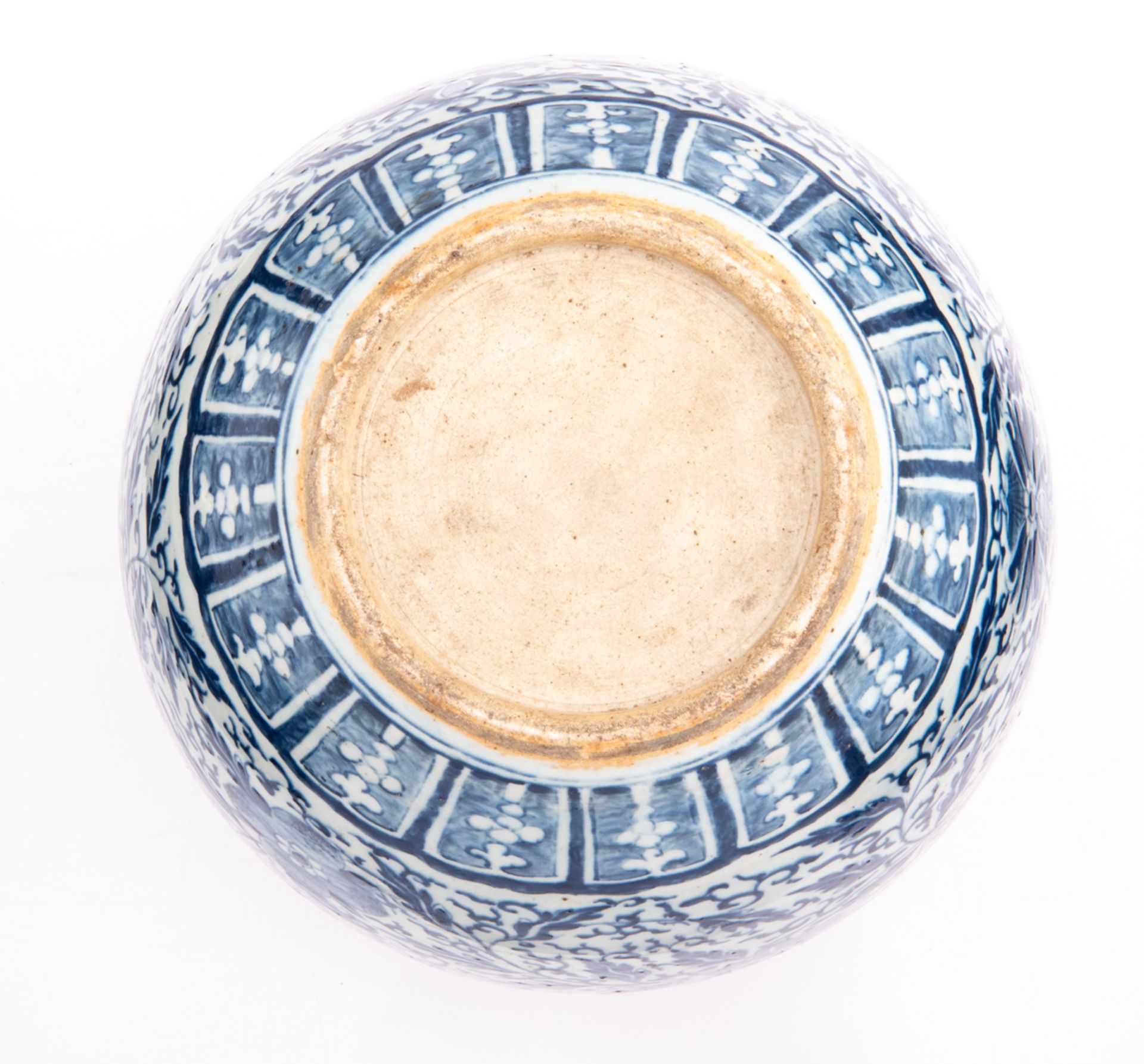 A Chinese blue and white cachepot, decorated with flower scrolls and leafy tendrils, 19thC, H 33 - ø - Image 7 of 7