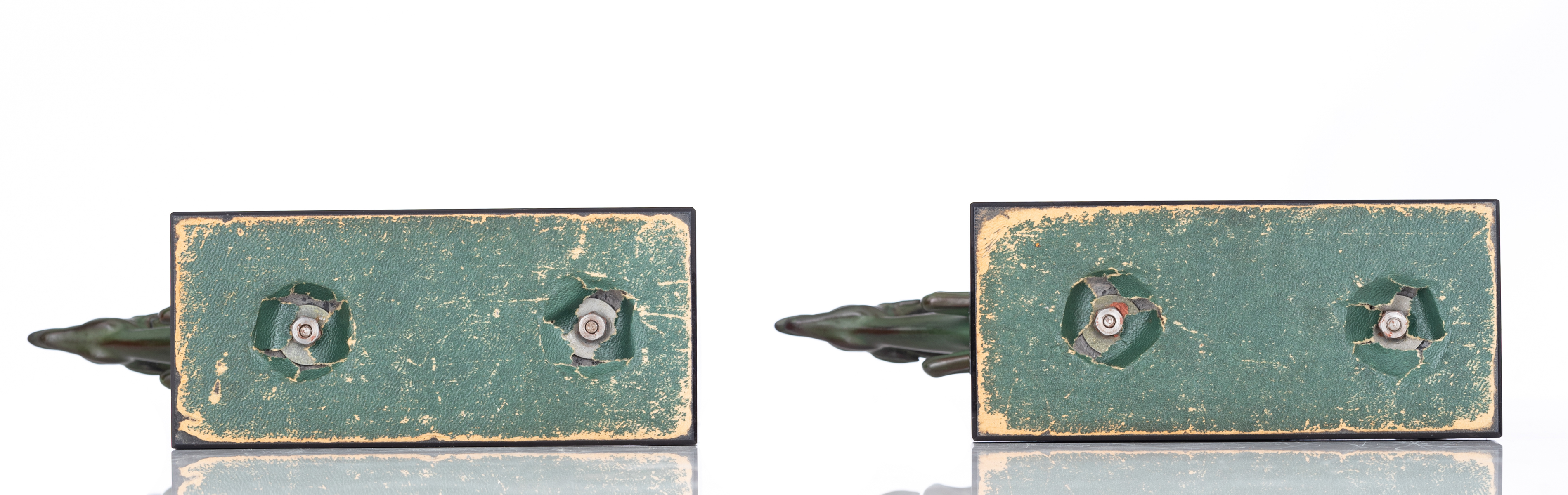 Le Verrier M., a fine pair of Art Déco bookends, shaped as jumping antilopes, patinated bronze on a - Image 6 of 8