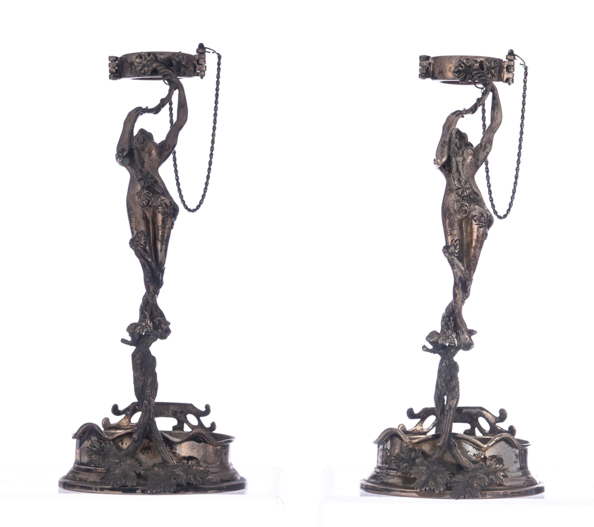 A pair of 925/000 silver wine bottle holders, both shaped as nymphs holding the bottleneck, probably - Image 2 of 9