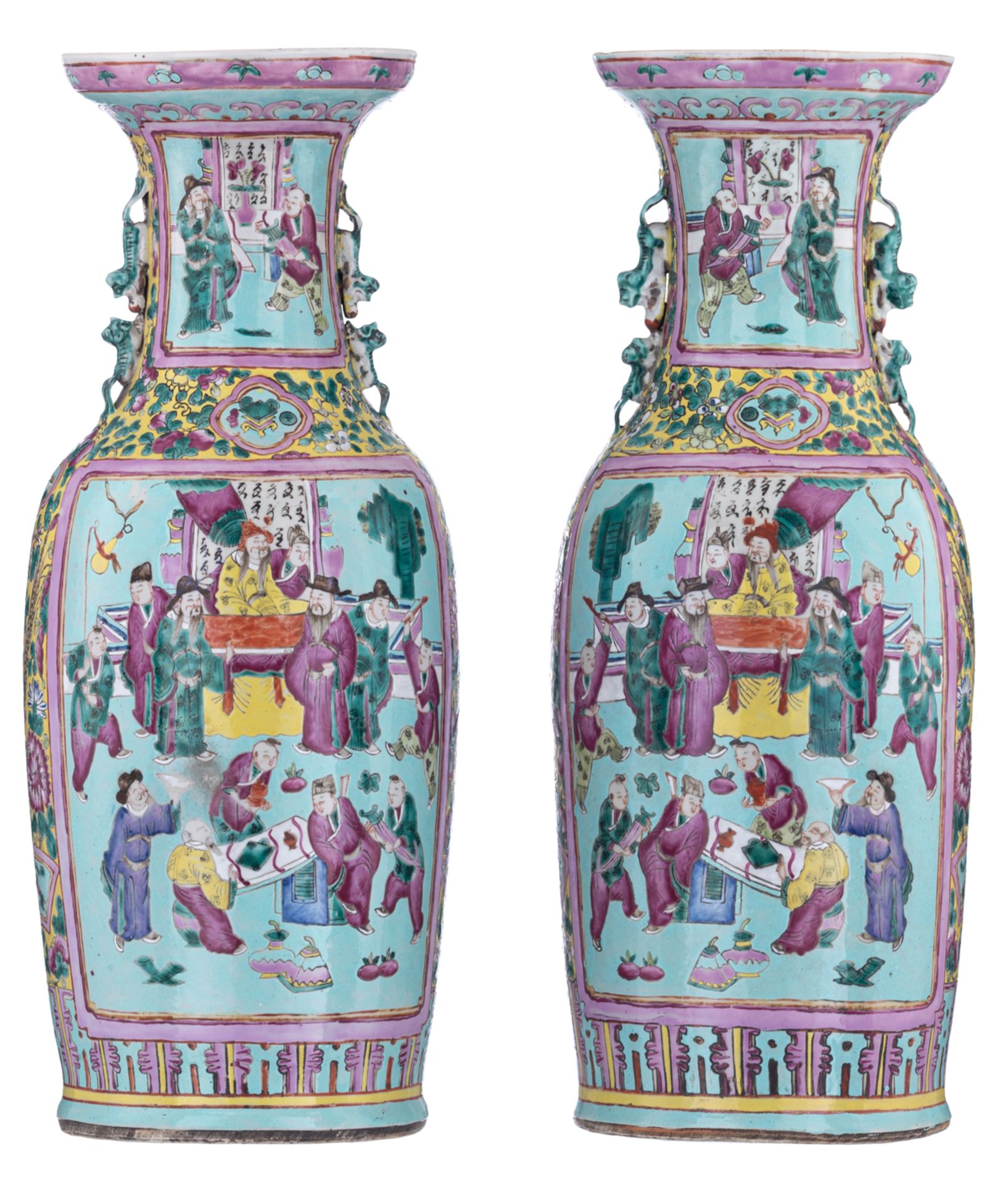 A pair of Chinese yellow and pale blue ground floral decorated famille rose vases, the panels with s