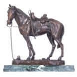 Kauba C., a resting horse, brown patinated bronze on a vert de mer marble base, H 41 - 45 - W 42 - 4