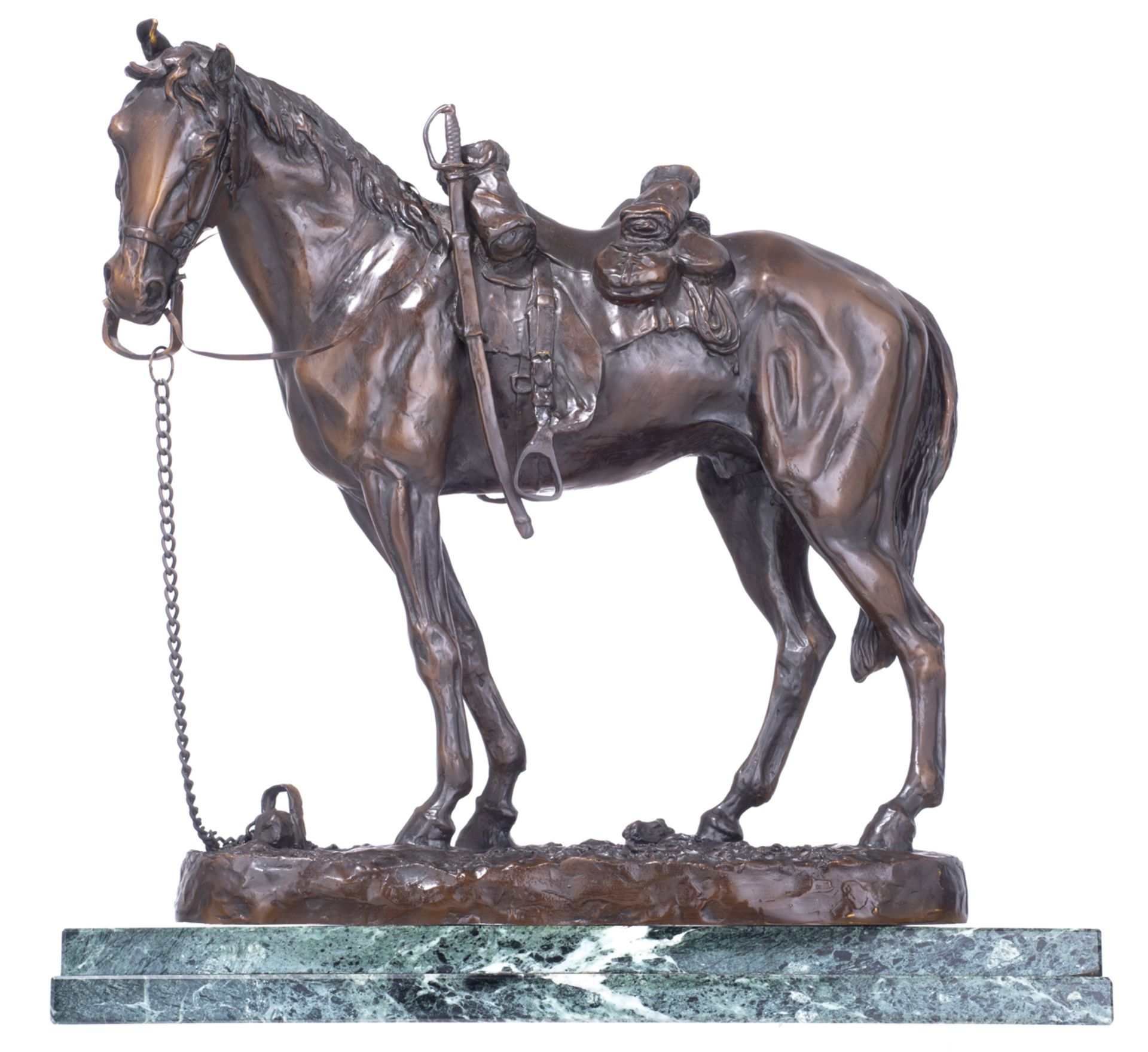 Kauba C., a resting horse, brown patinated bronze on a vert de mer marble base, H 41 - 45 - W 42 - 4