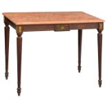 A fine walnut Louis XVI style centre table, with gilt brass mounts and a Rosso Verona marble top, H