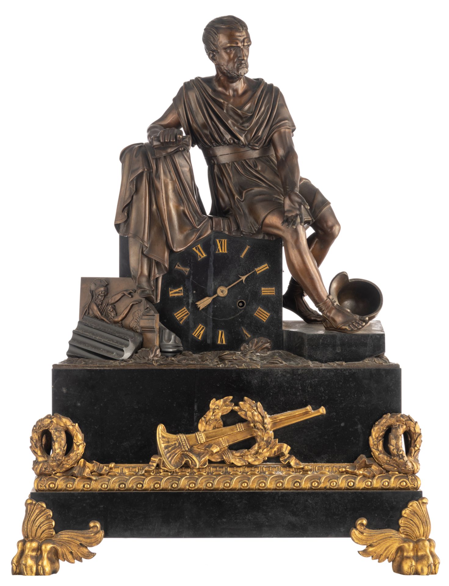 A Neoclassical noir Belge marble and gilt bronze mantle clock with on top a patinated bronze Roman w