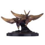 Loring F., two flying swallows, an Art Déco patinated bronze sculpture on a noir Belge base, H 35 -