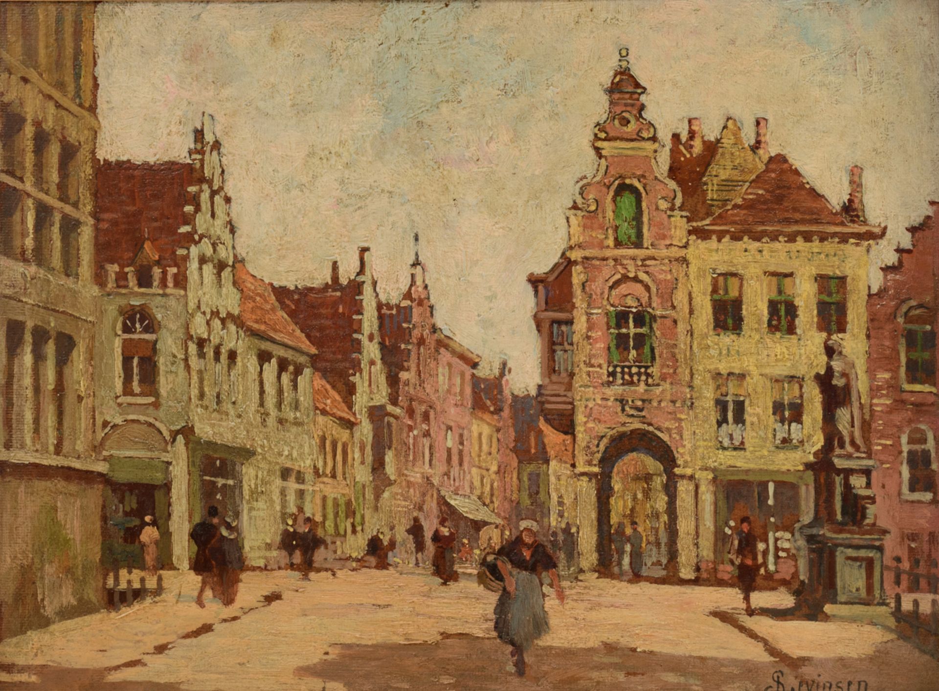 Lievinsen S., a view on the 'Nepomucenusbrug' in Bruges, oil on board, in an imposing Baroque style