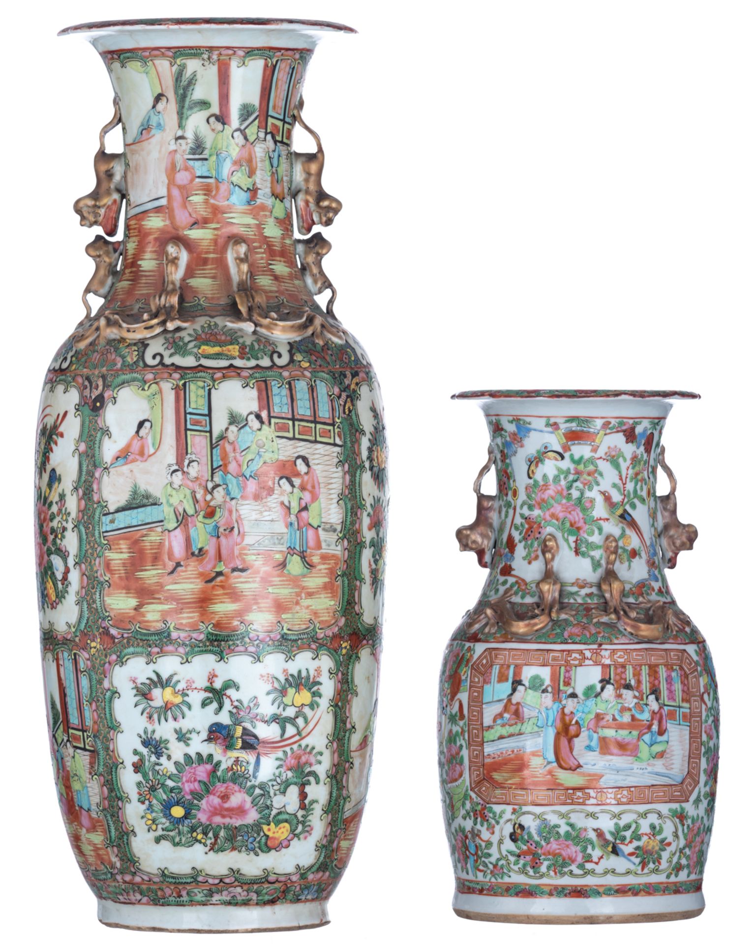 Two Chinese Canton polychrome vases, decorated with figures, birds and flowers, H 35,5 - 60 cm - Image 4 of 7
