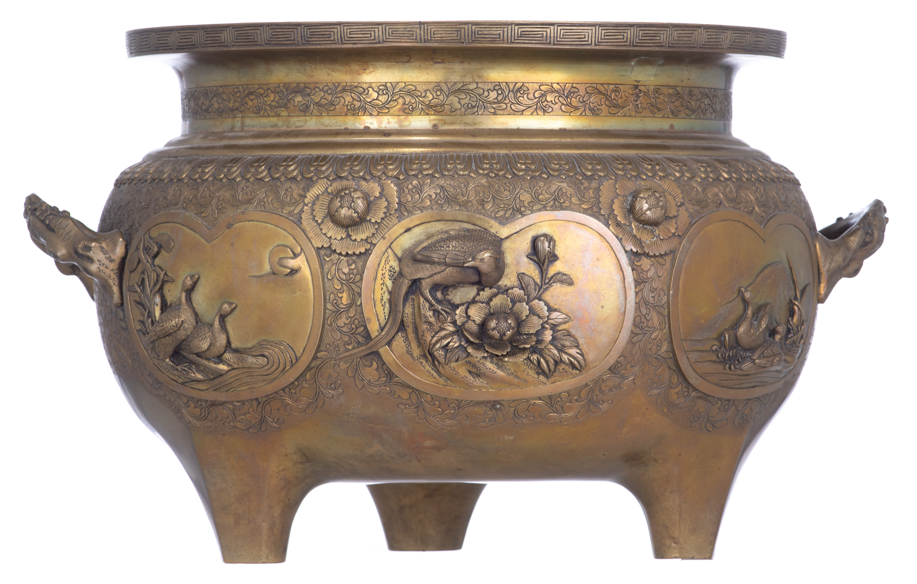 A Chinese relief decorated bronze tripod incense burner, the panels with birds, flowers and a dragon - Image 3 of 7