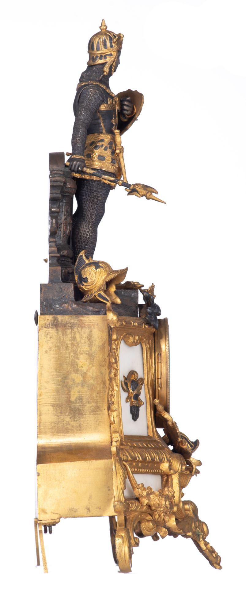 A 19thC French gilt and patinated bronze mantel clock with Carrara marble plaques, and on top a well - Image 5 of 7