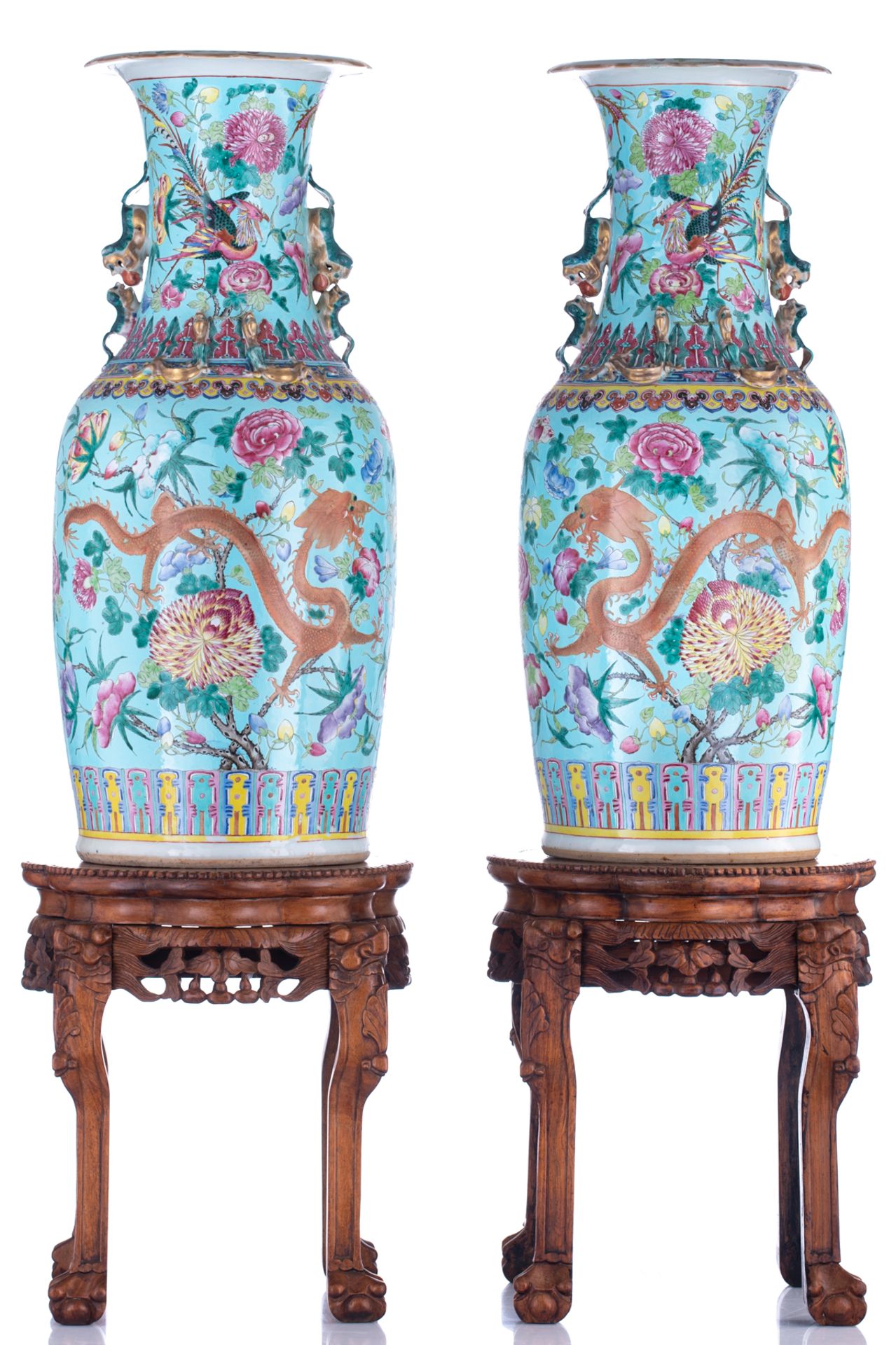 A pair of large Chinese turquoise ground and polychrome vases, decorated with flowers, dragons and p - Bild 7 aus 13