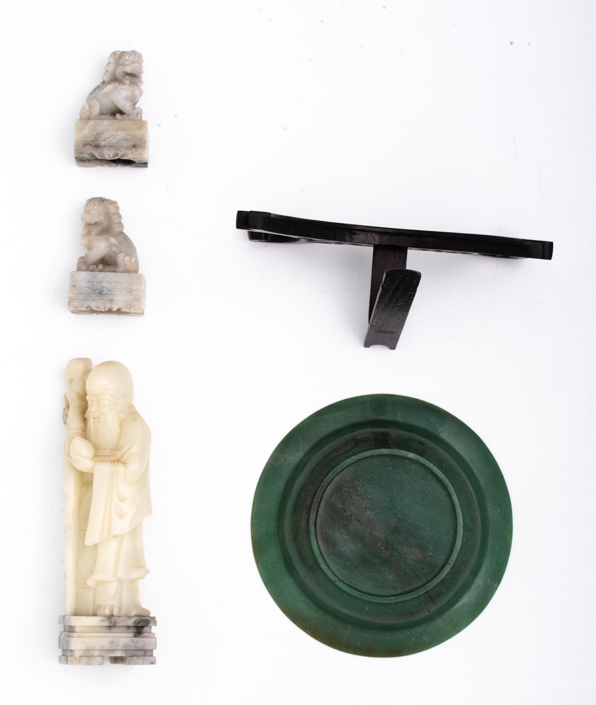 A Chinese spinach jade dish on a sculpted wooden stand; added a ditto pale jade sculpture, depicting - Image 6 of 7