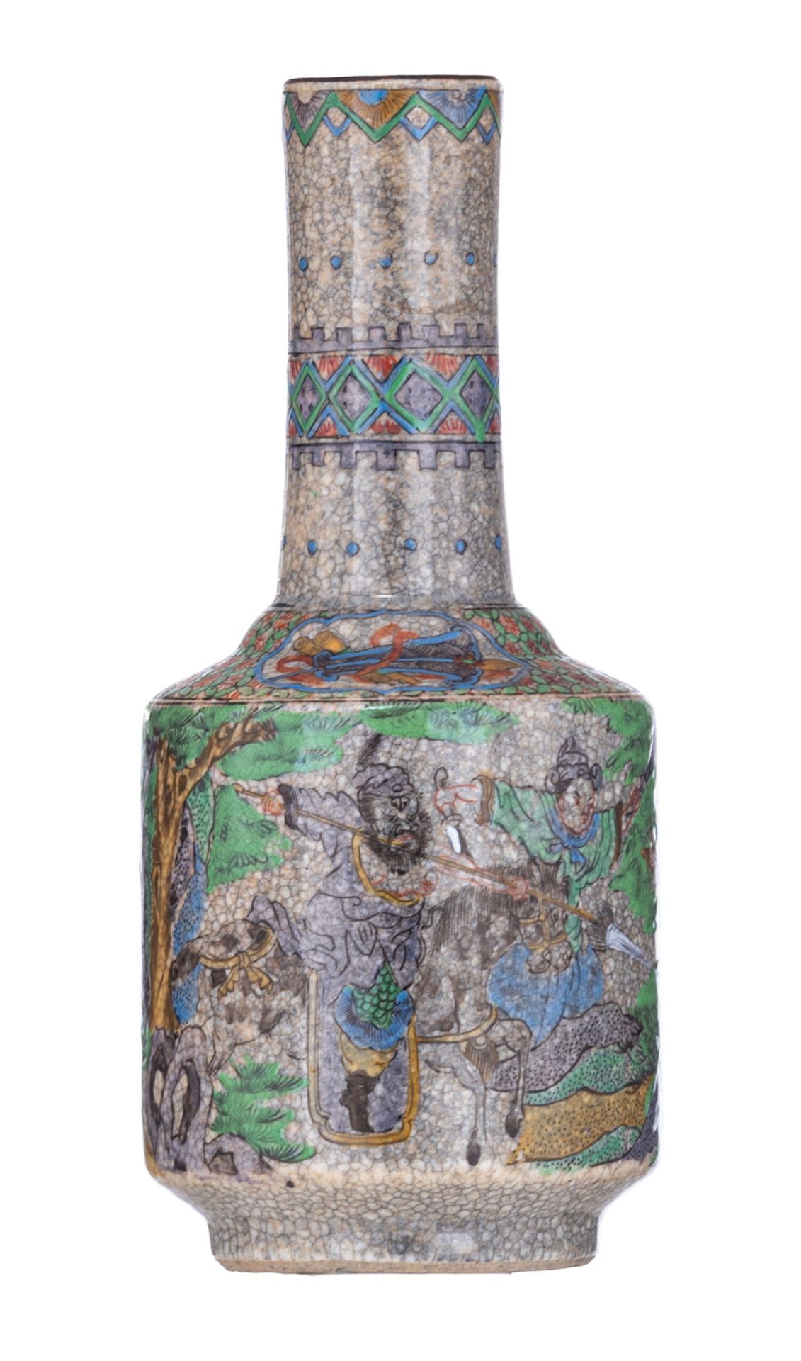 A Chinese polychrome stoneware vase, overall decorated with warrior scenes, H 22,5 cm - Image 2 of 7