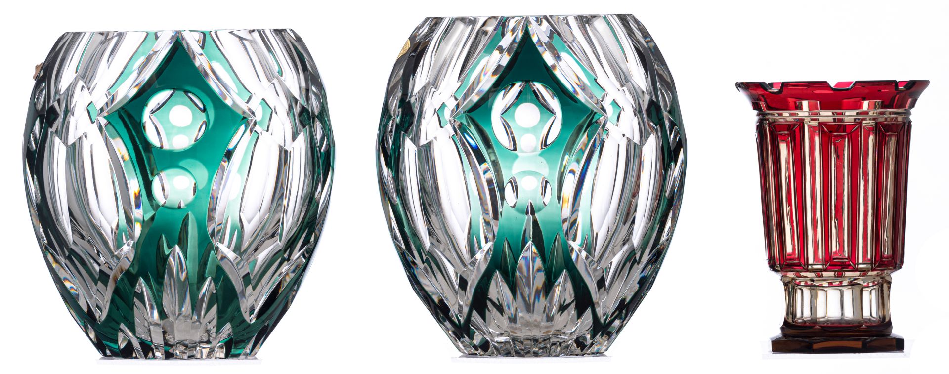 Two crystal cut green overlay Val-Saint-Lambert vases, one dedicated 'In Honour of the 25th annivers - Image 3 of 15
