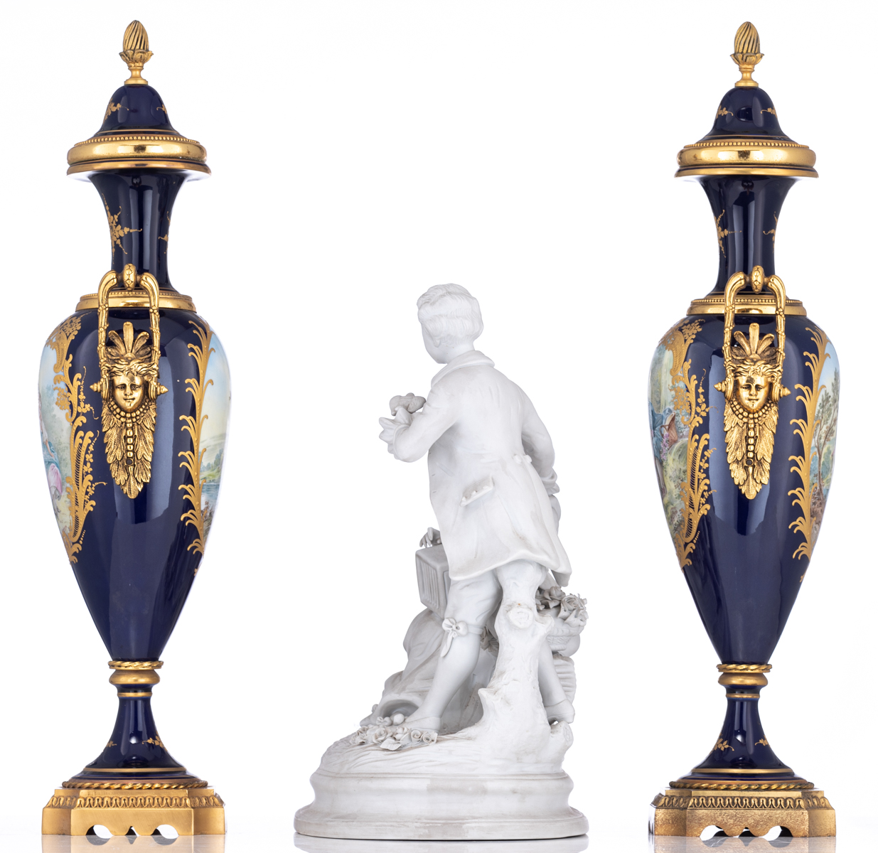 A pair of covered bleu royale ground Sèvres type vases, the roundels with hand-painted gallant scene - Image 2 of 10
