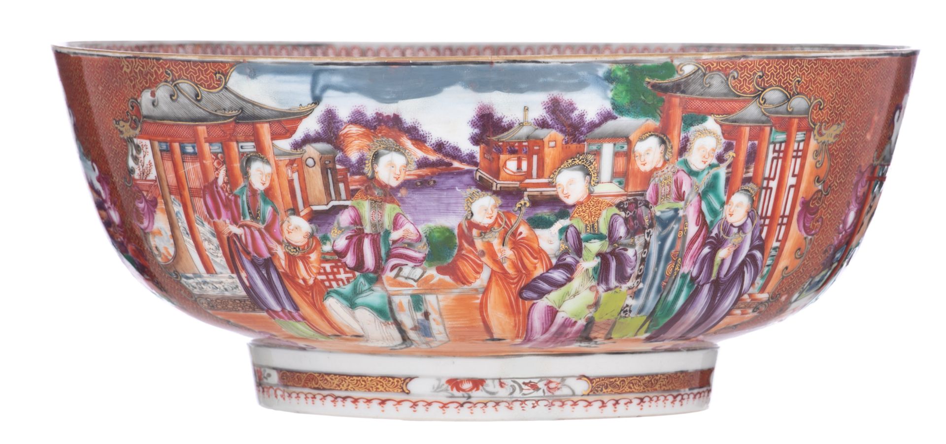 A Chinese 'Mandarin pattern' export porcelain punch bowl, the panels with ladies on a terrace, 18thC - Image 4 of 8