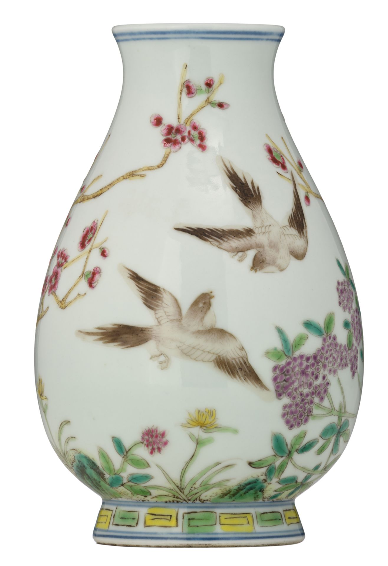 A Chinese famille rose hu vase, finely painted with birds on flower branches, with a Tongzhi mark, H