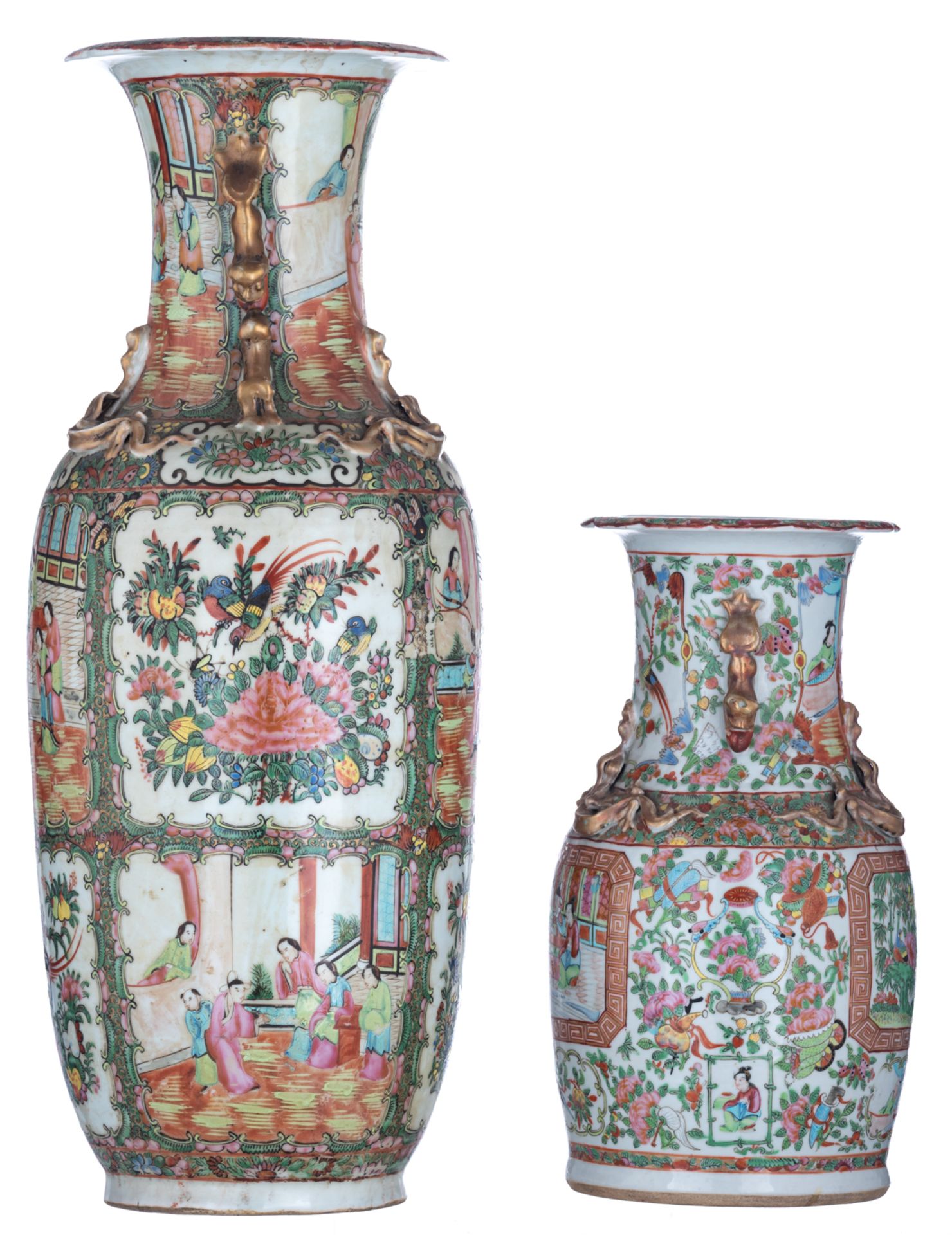 Two Chinese Canton polychrome vases, decorated with figures, birds and flowers, H 35,5 - 60 cm - Image 5 of 7