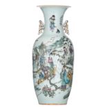 A Chinese polychrome double decorated vase, one side with figures in a mountainous river landscape,