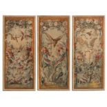 A set of three Savonnerie screen panels, each panel depicting birds-of-prey within flowery bushes, e