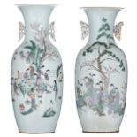 Two Chinese polychrome vases, both vases decorated with ladies in a garden setting, the reverse with