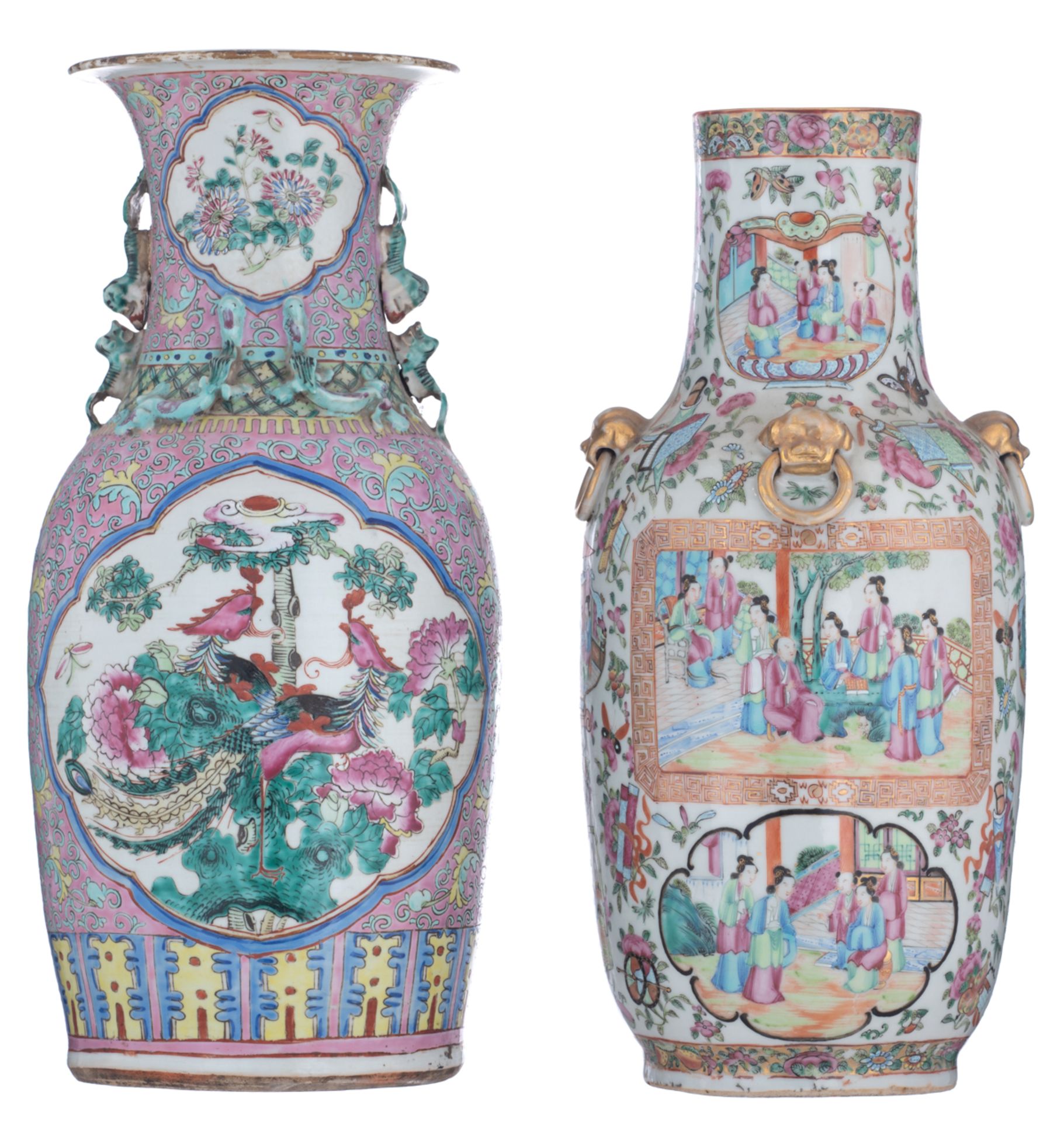 A Chinese Canton famille rose floral decorated vase, the panels with animated scenes with figures; a