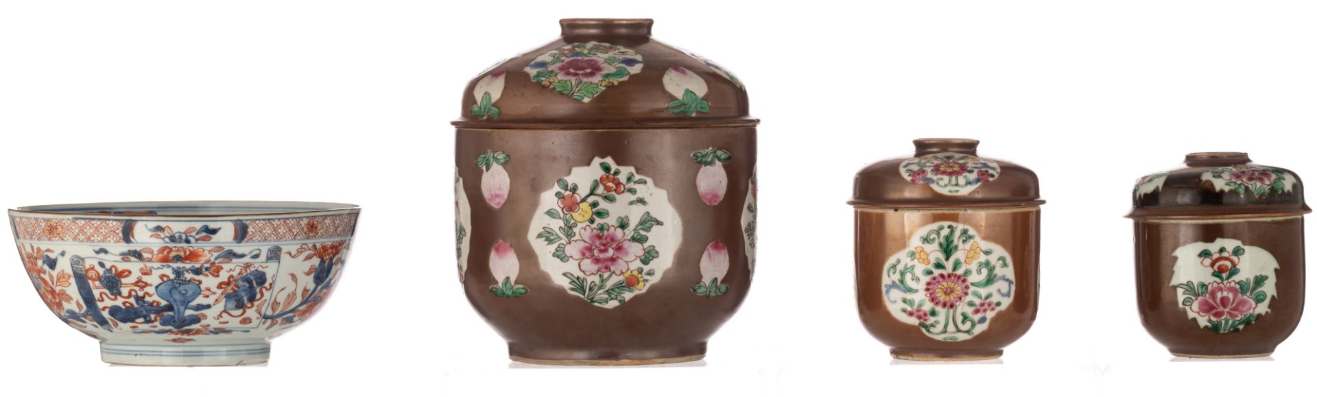 Three Chinese café au lait and famille rose ginger jars and covers, decorated with fruits and flower - Image 3 of 6