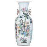 A Chinese polychrome double decorated vase, one side with musicians in a garden setting; the other s