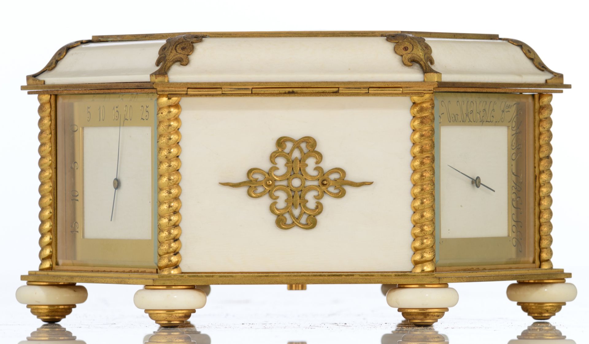 A combined hexagonal box containing a jewelry store-compartment, a table clock and a barometer, gilt - Image 4 of 9