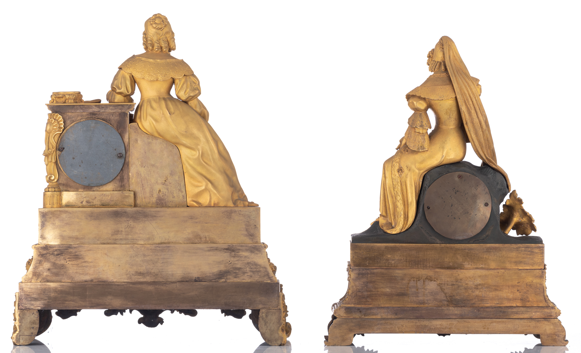 Two gilt bronze French Restauration period mantle clocks, with sitting beauties on top, both with mi - Image 3 of 5
