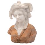 No visible signature, the bust of a beauty wearing a hat, Carrara and Rosso Verona marble, H 60 cm