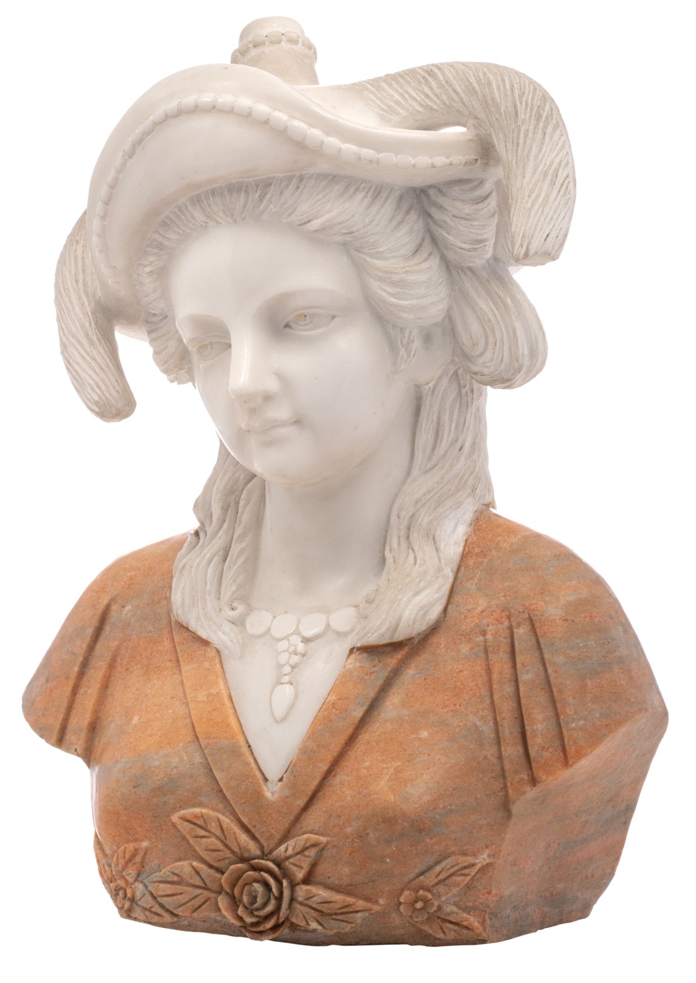 No visible signature, the bust of a beauty wearing a hat, Carrara and Rosso Verona marble, H 60 cm