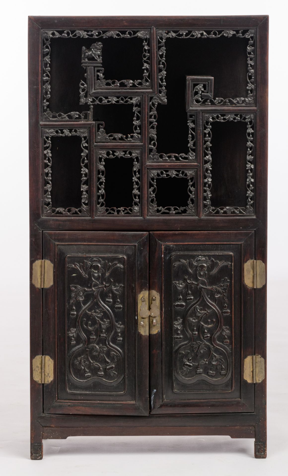 A Chinese exotic hardwood display cabinet, with richly carved open work bands and brass mounts, deco - Bild 2 aus 8