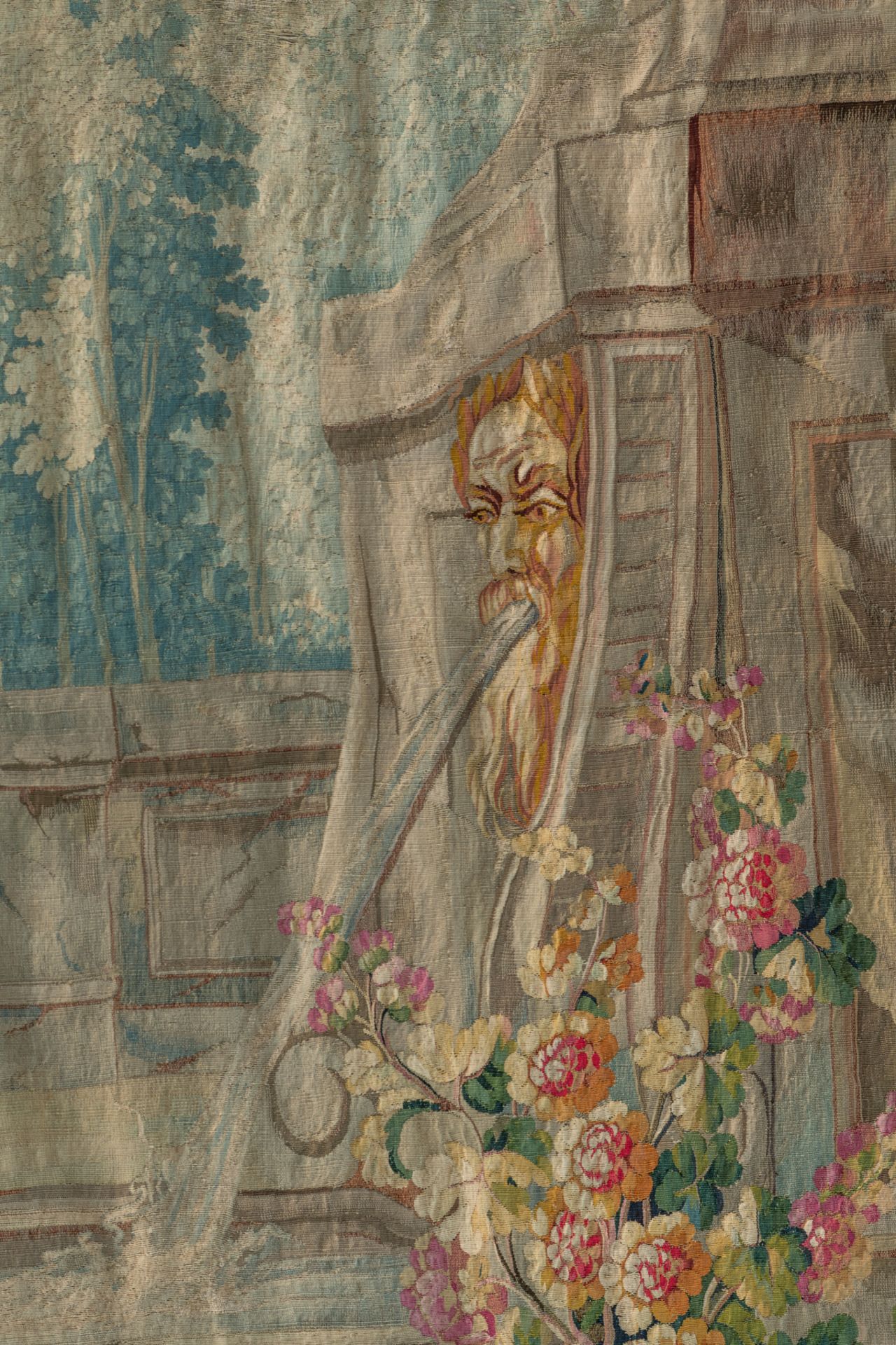 A fragment of a Beauvais wall tapestry, depicting a squirting fountain in an Italianate flower garde - Image 5 of 8