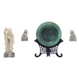 A Chinese spinach jade dish on a sculpted wooden stand; added a ditto pale jade sculpture, depicting