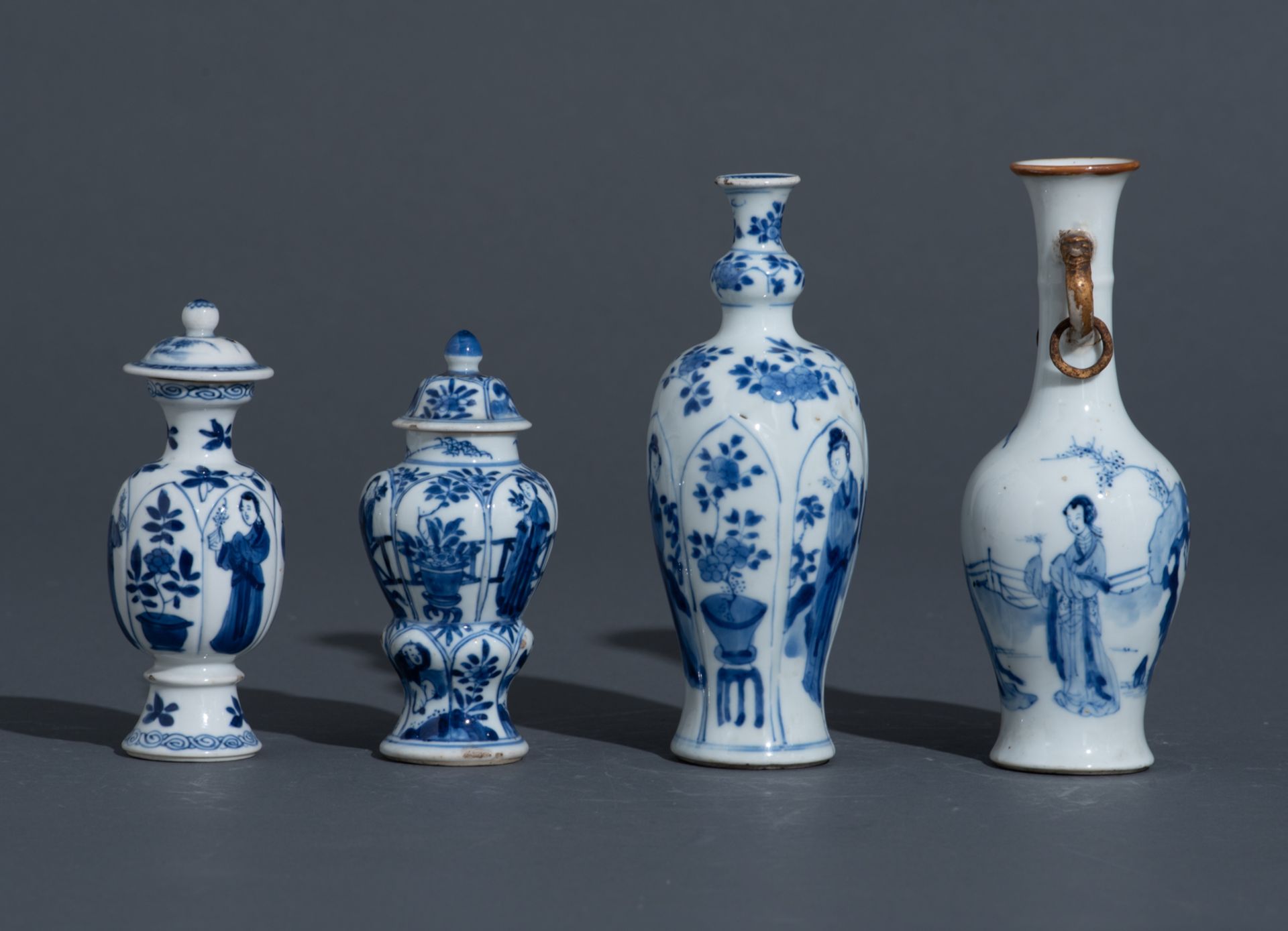 Four Chinese blue and white Kangxi period 'Long Elisa' miniature vases and three ditto floral decora - Image 3 of 17