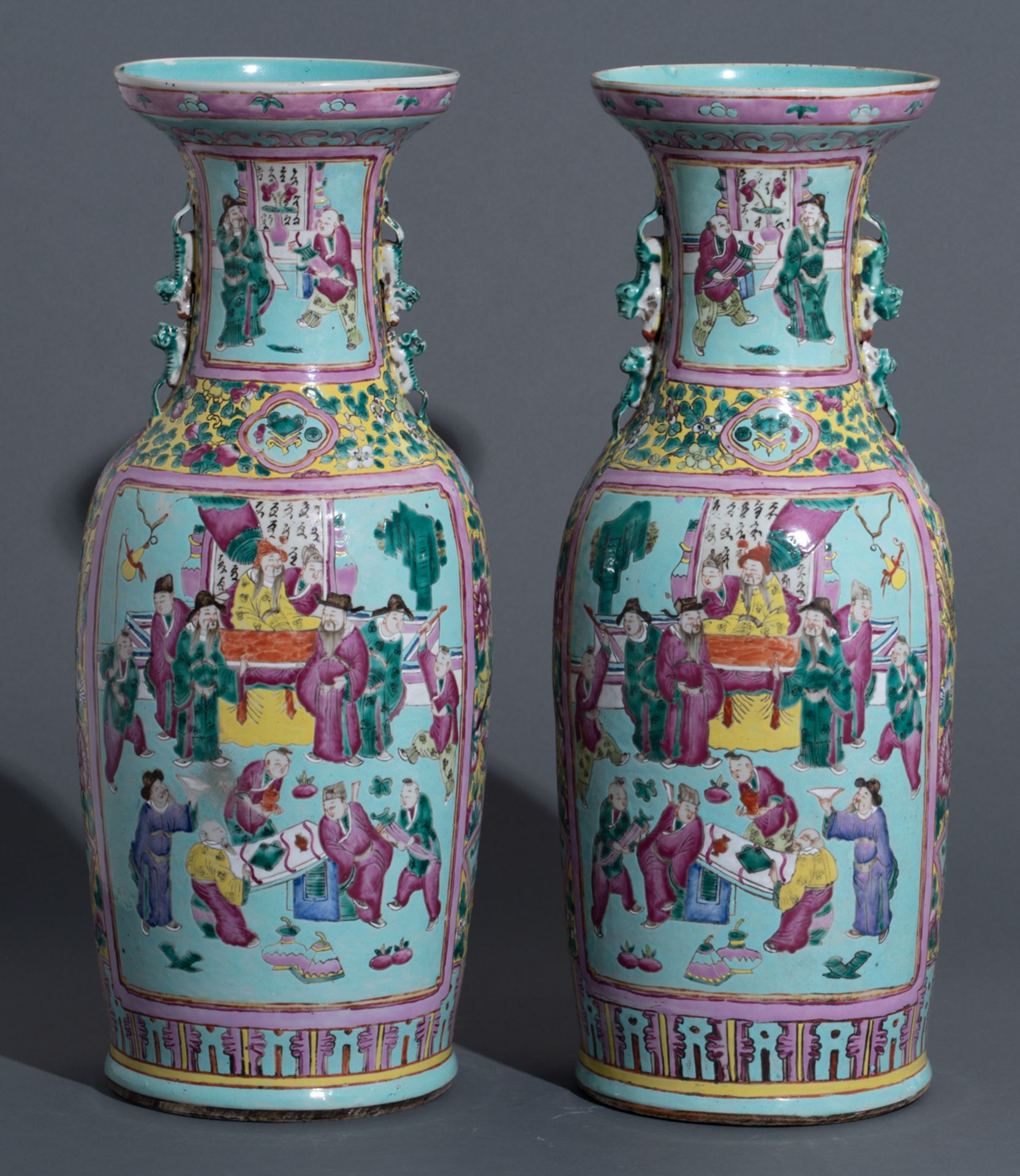 A pair of Chinese yellow and pale blue ground floral decorated famille rose vases, the panels with s - Image 5 of 8