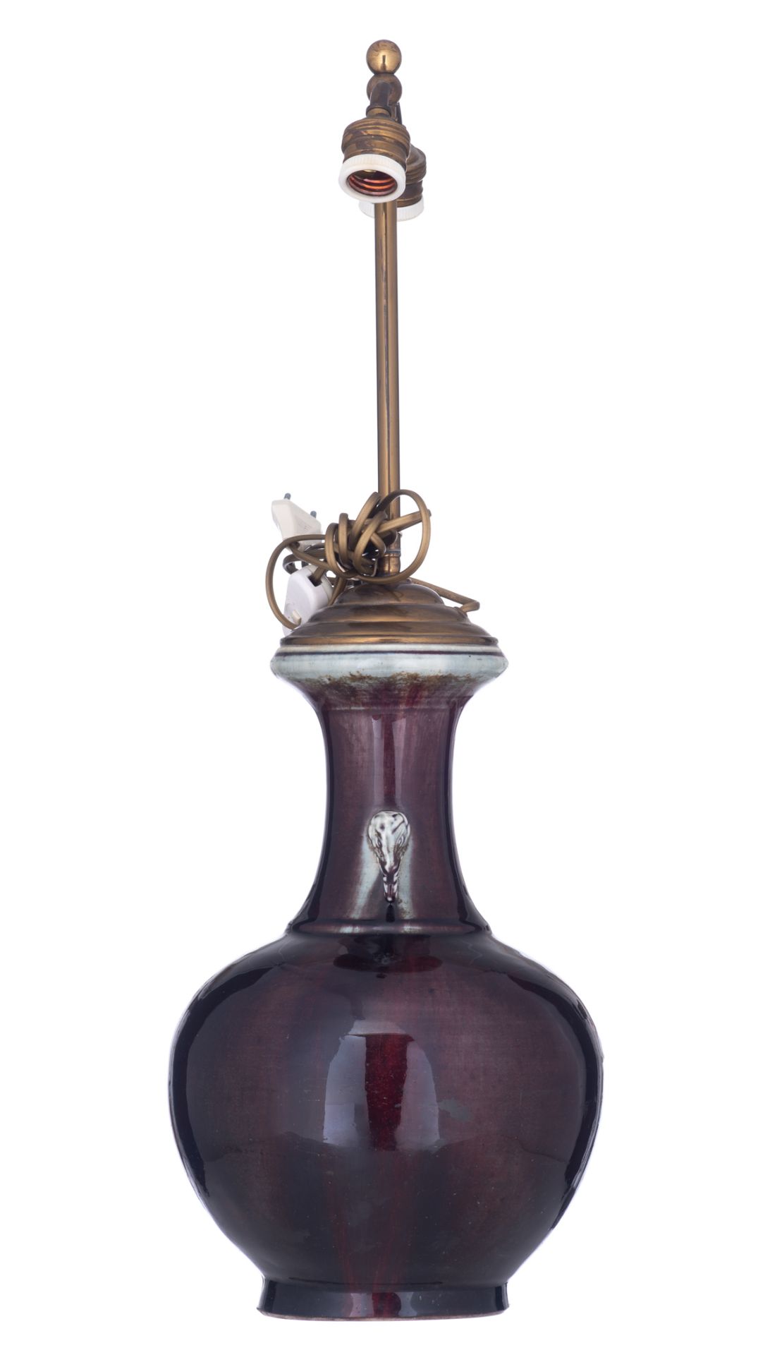 A Chinese flambé glazed bottle vase with elephant's head-shaped handles, mounted as a lamp; added a - Image 3 of 13