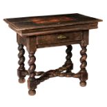 A Southern Europe Baroque style polychrome decorated pine table, with spiral, turned legs, the reser