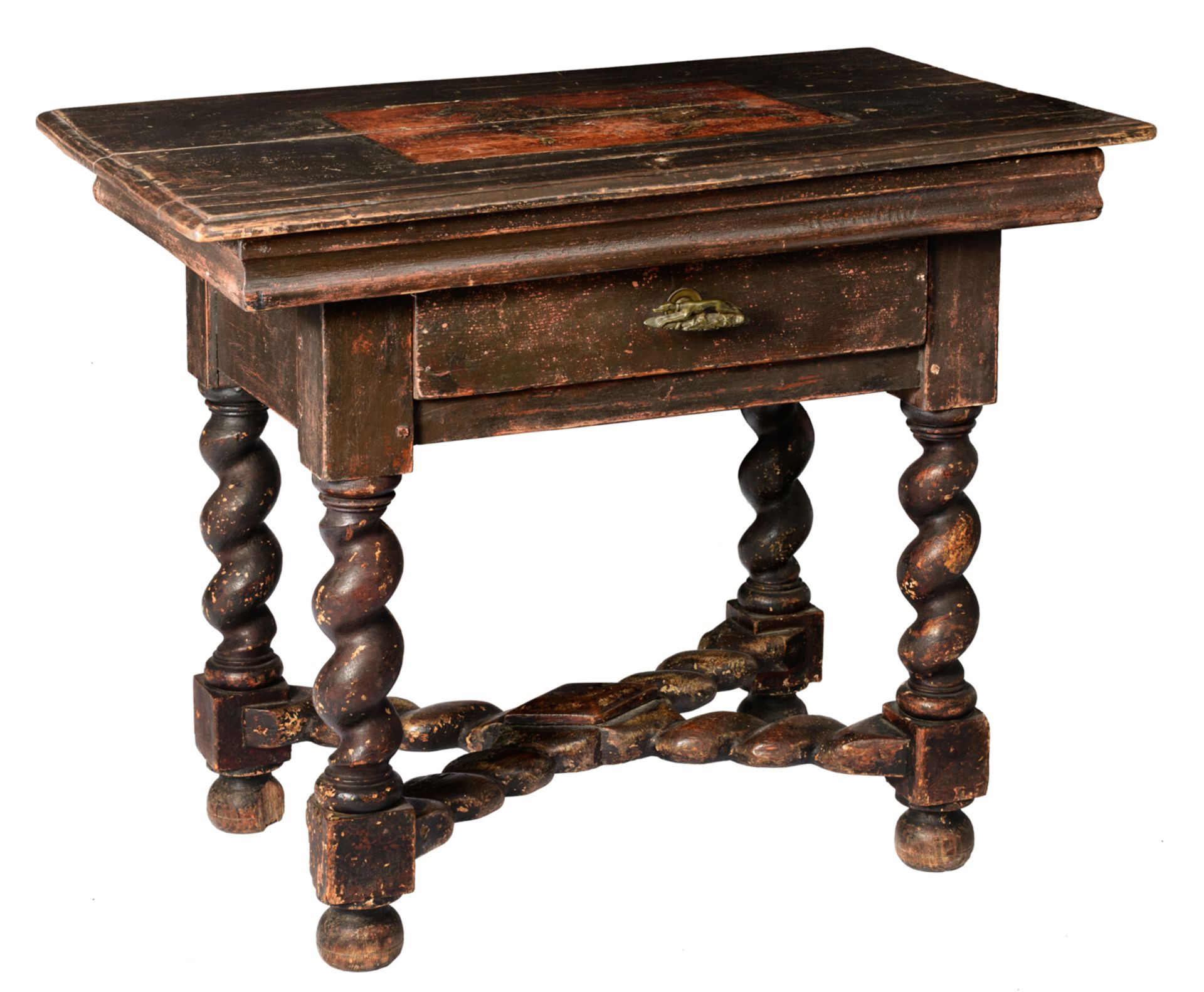 A Southern Europe Baroque style polychrome decorated pine table, with spiral, turned legs, the reser