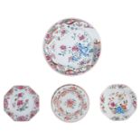 Two Chinese famille rose octagonal dishes and a ditto dish, decorated with flower bundles; added a d