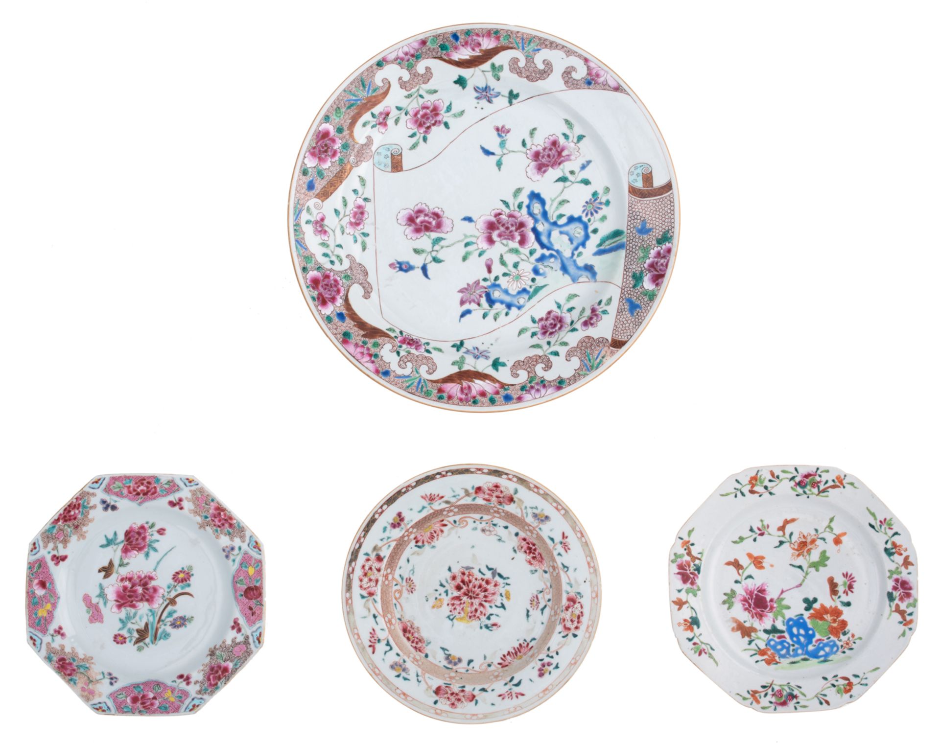 Two Chinese famille rose octagonal dishes and a ditto dish, decorated with flower bundles; added a d