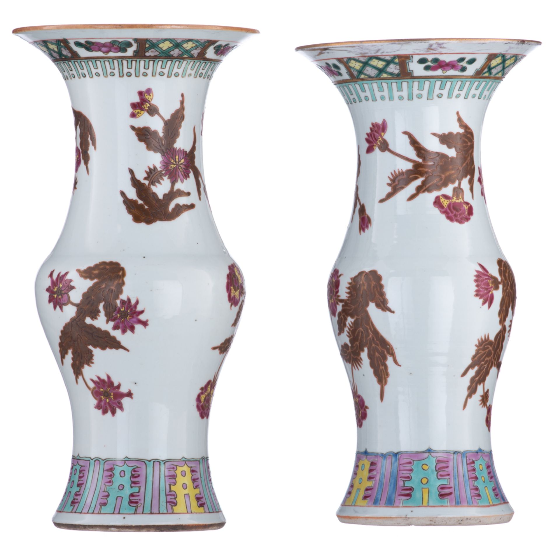 Two Chinese polychrome and famille rose floral decorated yenyen-vases, H 37 - 38 cm - Image 2 of 6
